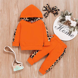 Girls Hooded Leopard Printed Long Sleeve Jumper & Pants & Headband