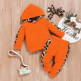Girls Hooded Leopard Printed Long Sleeve Jumper & Pants & Headband