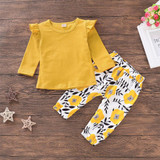 Girls Long Sleeve Casual Solid Top & Floral Pants