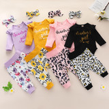 Baby Girls Letter Printed Long Sleeve Romper & Floral Pants & Headband