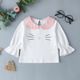 Baby Girls Cute Lapel Cat Print Tops & Suspender Skirt