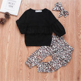 Girls Long Sleeve Ruffle Solid Top & Leopard Pants & Headband