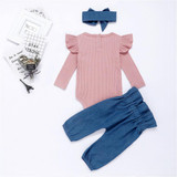 Baby Girls Solid Long Sleeve Ruffle Tops & Pants & Headband