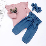 Baby Girls Solid Long Sleeve Ruffle Tops & Pants & Headband