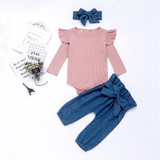 Baby Girls Solid Long Sleeve Ruffle Tops & Pants & Headband
