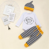 Baby Boys Striped Long Sleeve Letter Printed Romper & Pants & Hat