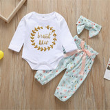 Baby Girls Letter Floral Print Romper & Pants & Headband