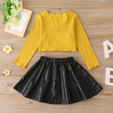 Girls Solid V-neck Long Sleeve Top & PU Skirt Wholesale Baby Girl Clothes Girls Solid V-neck Long Sleeve Top & PU Skirt Wholesale Baby Girl Clothes