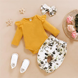 Baby Girls Long Sleeve Romper & Floral Pants & Headband Baby Wholesale