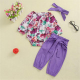 Baby Girls Floral Printed Romper & Trousers & Headband Wholesale Baby