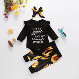 Baby Girls Letter Printed Romper & Sunflower Pants & Headband Wholesale Baby