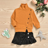 Girls Button Long Sleeve Sweaters & PU Skirt Girls Wholesale Clothes