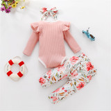 Baby Girls Long Sleeve Romper & Floral Pants & Headband Wholesale Baby