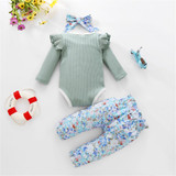 Baby Girls Long Sleeve Romper & Floral Pants & Headband Wholesale Baby