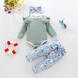 Baby Girls Long Sleeve Romper & Floral Pants & Headband Wholesale Baby