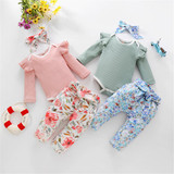 Baby Girls Long Sleeve Romper & Floral Pants & Headband Wholesale Baby