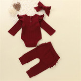 Baby Girls Ruffle Solid Long Sleeve Romper & Pants & Headband Baby Wholesale