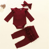 Baby Girls Ruffle Solid Long Sleeve Romper & Pants & Headband Baby Wholesale