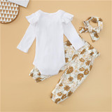 Baby Girls Solid Romper & Floral Pants & Headband Wholesale Baby Outfits
