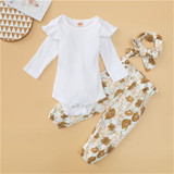 Baby Girls Solid Romper & Floral Pants & Headband Wholesale Baby Outfits