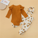 Baby Girls Solid Romper & Floral Pants & Headband Wholesale Baby Outfits