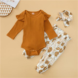 Baby Girls Solid Romper & Floral Pants & Headband Wholesale Baby Outfits