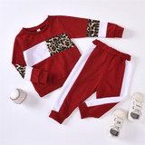 Girls Leopard Splicing Long Sleeve Tops & Pants Girls Wholesale Clothes