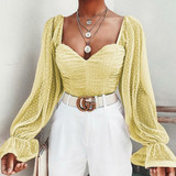 Polka Dot Blouse Mesh Lantern Sleeve Ruched Blouse