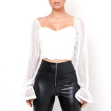 Polka Dot Blouse Mesh Lantern Sleeve Ruched Blouse