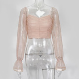 Polka Dot Blouse Mesh Lantern Sleeve Ruched Blouse