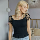 Mesh Sleeve Patchwork Ruched Blouse