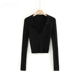 Candy Color Deep V Stretch Pullover Tops & Blouses
