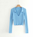 Candy Color Deep V Stretch Pullover Tops & Blouses