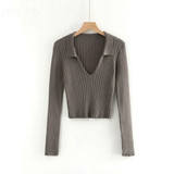 Candy Color Deep V Stretch Pullover Tops & Blouses