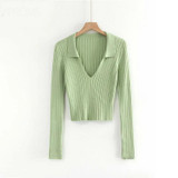 Candy Color Deep V Stretch Pullover Tops & Blouses