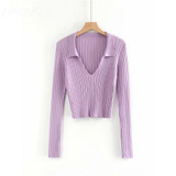 Candy Color Deep V Stretch Pullover Tops & Blouses