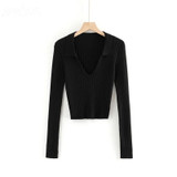 Candy Color Deep V Stretch Pullover Tops & Blouses
