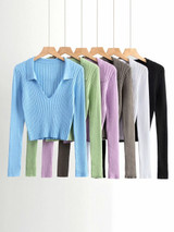 Candy Color Deep V Stretch Pullover Tops & Blouses