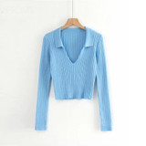 Candy Color Deep V Stretch Pullover Tops & Blouses