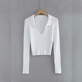Candy Color Deep V Stretch Pullover Tops & Blouses