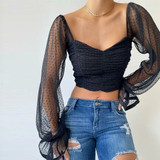 Polka Dot Women Mesh Shirts Pink Tops Sweetheart