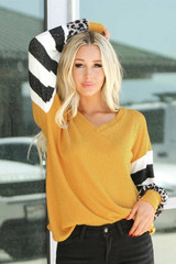 V Neck Lantern Sleeve Leopard Stripe Splice Long Sleeve Top