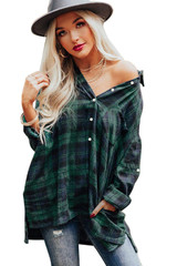 Casual Green Loose Fit Boyfriend Style Plaid Shirt