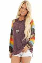 Women Striped Balloon Sleeves Knit Top
