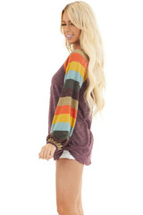 Women Striped Balloon Sleeves Knit Top