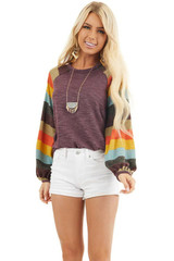 Women Striped Balloon Sleeves Knit Top