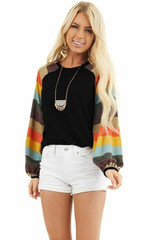 Casual Striped Balloon Sleeves Black Knit Top