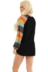 Casual Striped Balloon Sleeves Black Knit Top