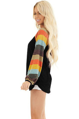 Casual Striped Balloon Sleeves Black Knit Top