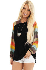 Casual Striped Balloon Sleeves Black Knit Top